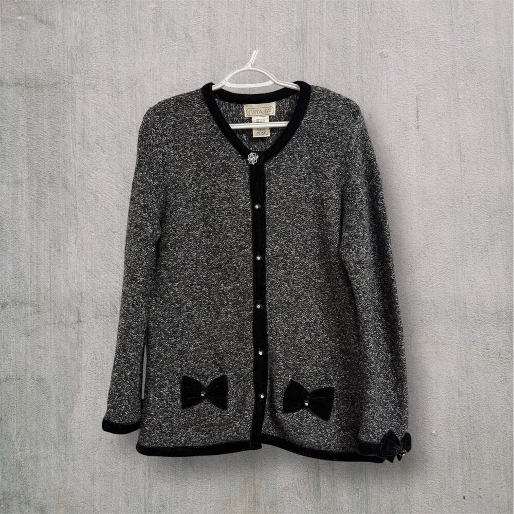 Vtg Mandal Bay Black Gray Cardigan Sweater Women L Button Up Bow Details Chic